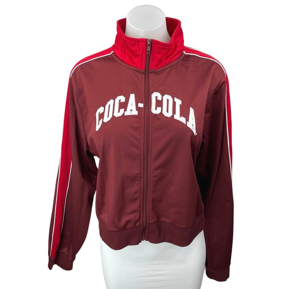 Womens Red Coca Cola Long Sleeve Striped Colorblock Zip Track Bomber Jacket XXL